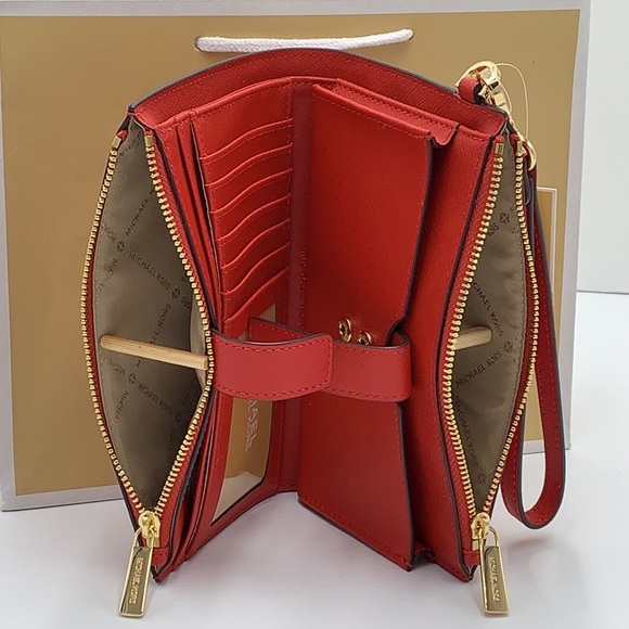 Michael Kors Large Top Zip Satchel Leather & Double Zip Wristlet Leather Flame - Picture 9 of 16
